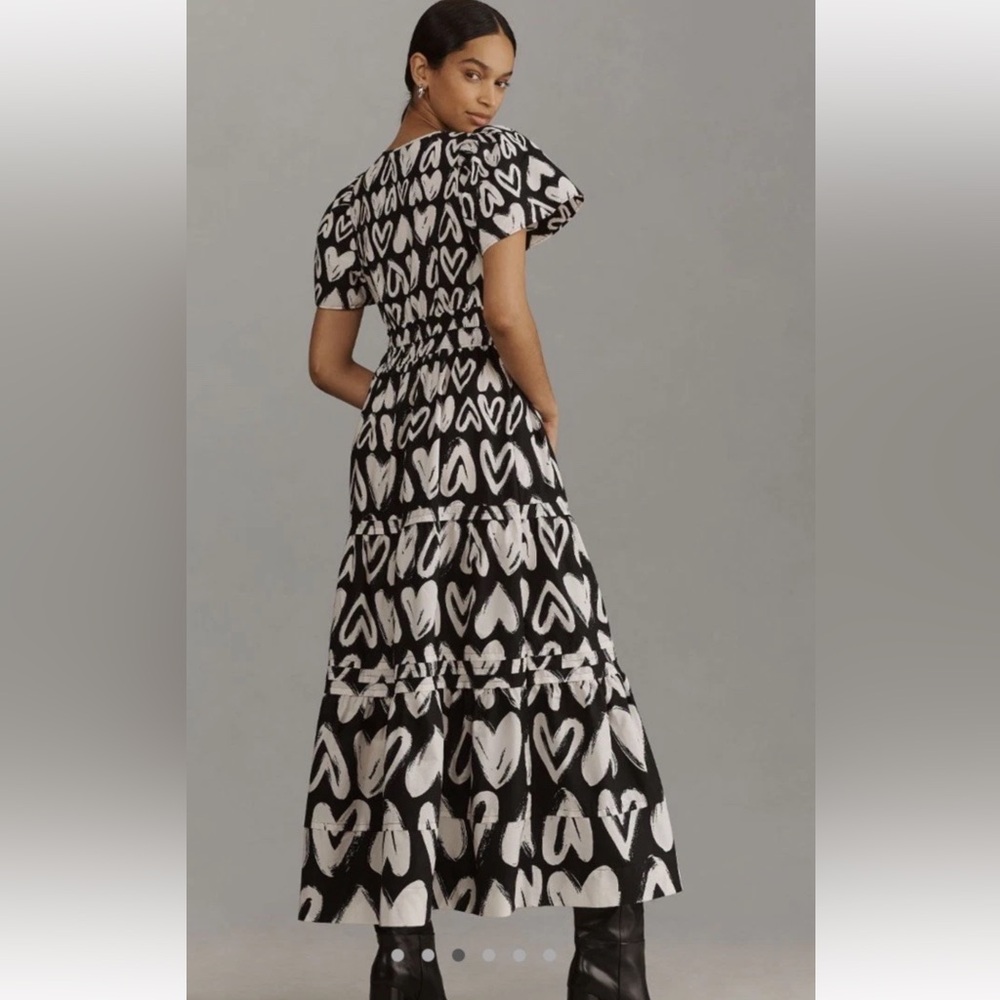 Anthropologie The Somerset Maxi Dress Smocked Heart Edition Poplin Black White - Picture 3 of 7